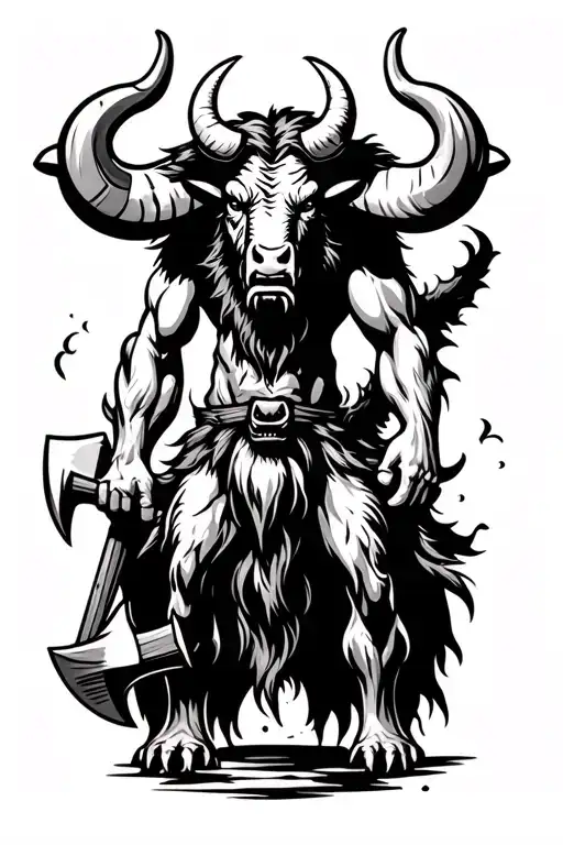 minotaur standing on 2 legs with an axe in hand with sneer on face tattoo design idea