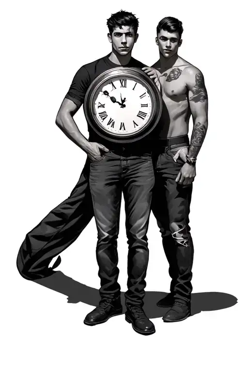 clock 1 female 2 men standing tattoo design idea