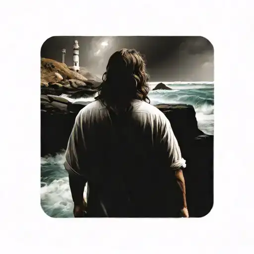 Hyper Realistic, Portrait of Jesus Christ walking from the back towards a Lighthouse in the distance, stormy waters tattoo design idea