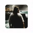 Hyper Realistic, Portrait of Jesus Christ walking from the back towards a Lighthouse in the distance, stormy waters tattoo design idea