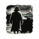 Hyper Realistic, Portrait of Jesus Christ walking from the back towards a Lighthouse in the distance, stormy waters tattoo design idea