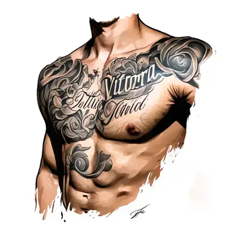 Victoria name tattoo on guy's chest tattoo design idea