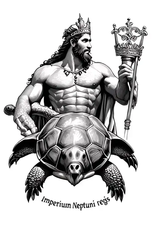 "imperium neptuni regis" "imperium neptuni regis" "imperium neptuni regis" shellback turtle and king Neptune looking over him tattoo design idea