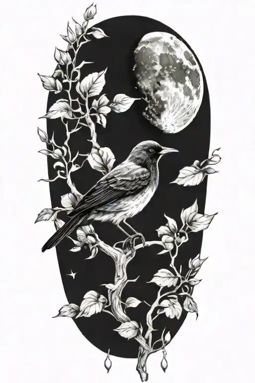 realistic moon and blackbird  tattoo design idea