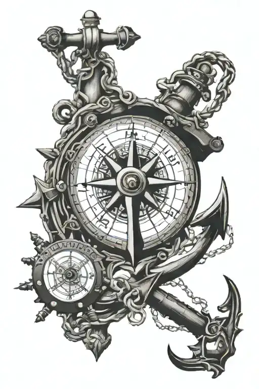 Poseidon, anchor windlass , compass , ship , chart tattoo design idea