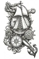 Poseidon, anchor windlass , compass , ship , chart tattoo design idea