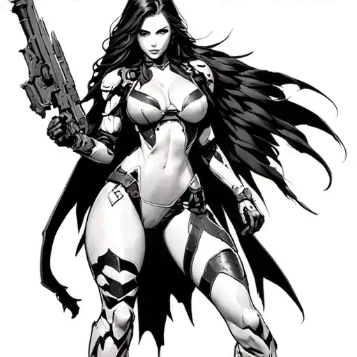 a female calidus assasin in a full body suit from warhammer 40k standing in a sexy pose with a sexy body looking lean.  tattoo design idea