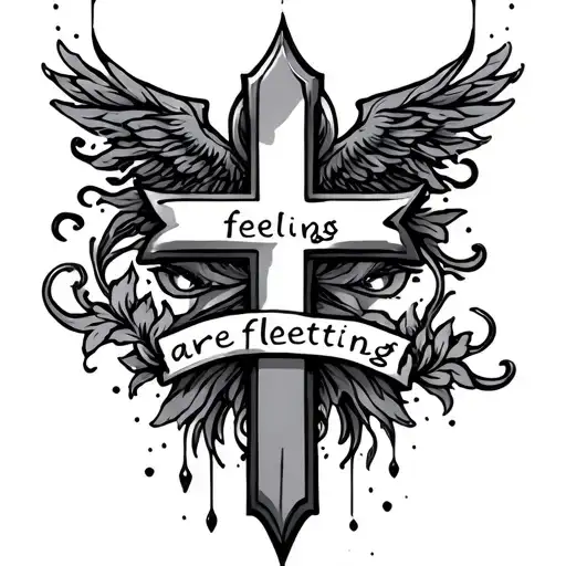 cross with the saying "feelings are fleeting" connected vertically tattoo design idea