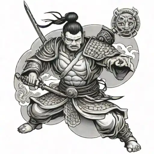 japanese samurai with onimask carapace and buddha tattoo design idea