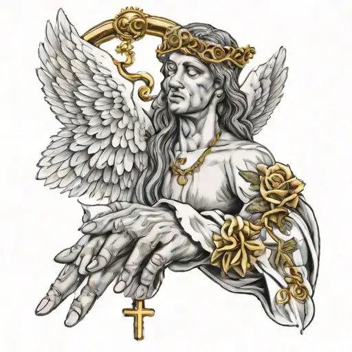 hand pray with a gold rosary, gold roses, a gold angel halo, and a scroll  tattoo design idea