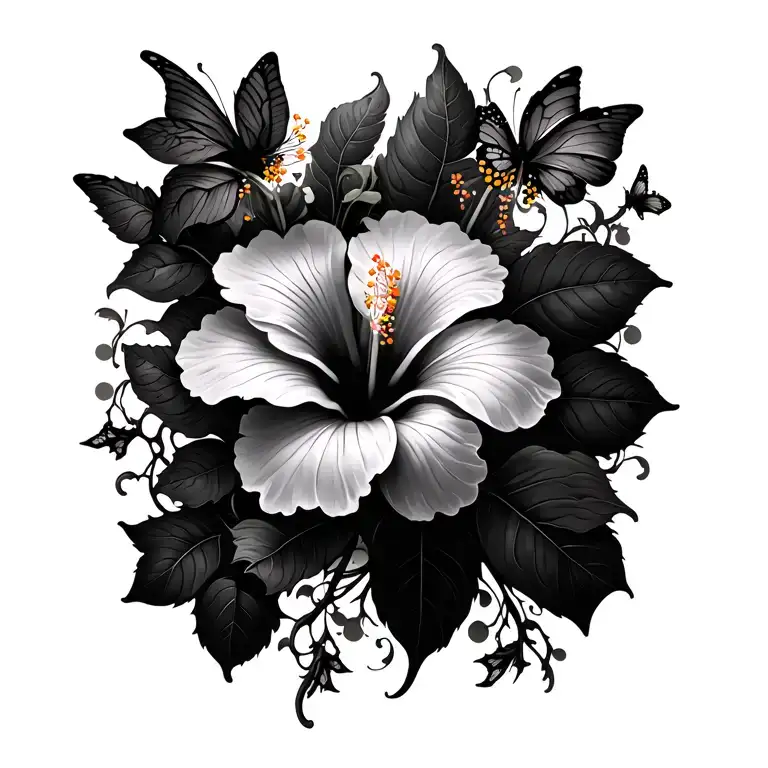 hibiscus flower amd butterflies and vines growing tattoo design idea
