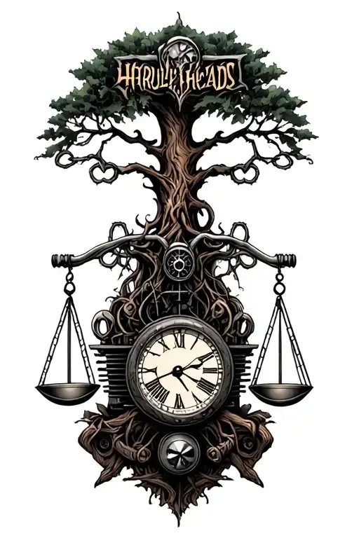 harley knuckleheads engine, tree of life, libra scales, time intertwined tattoo design idea