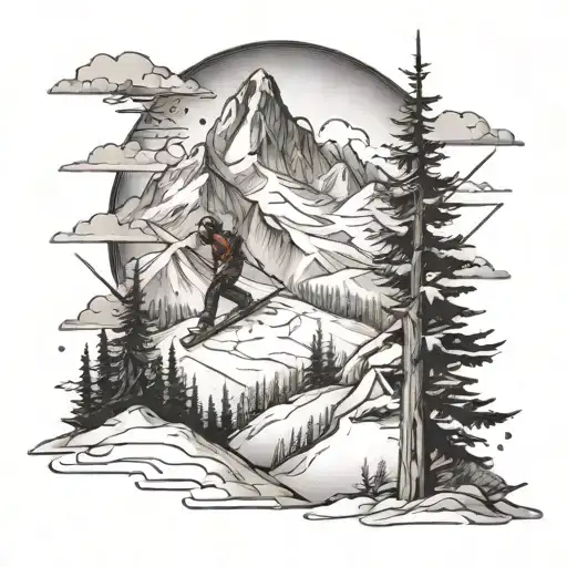 A tattoo design combining elements of skiing and hiking, with a mountain landscape in the background tattoo design idea