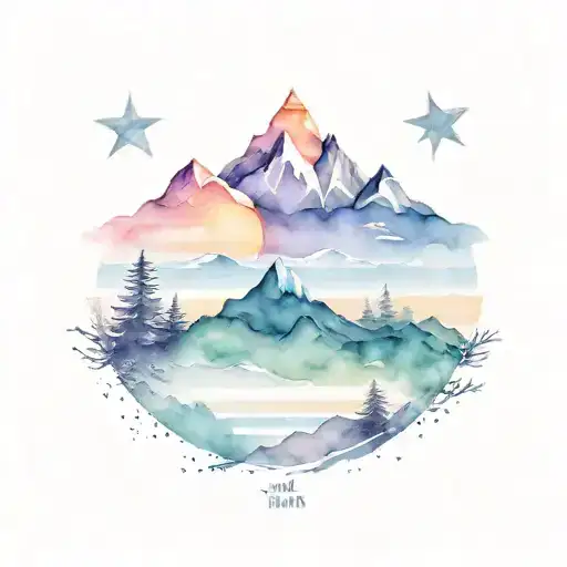 A mountain range with a rising sun, representing the new beginning after overcoming 20 years of challenges with family support tattoo design idea