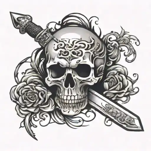 shaded skull with a anime sword going though it tattoo design idea