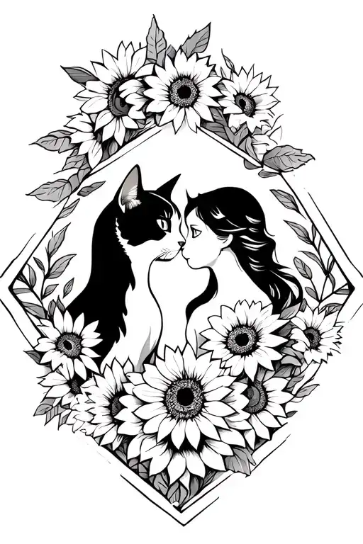 cat and woman silhouette nose to nose in black and white, inside a lozenge with sunflowers and leaves surrounding the lo tattoo design idea