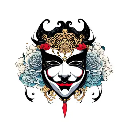 A composition of a Japanese-style tattoo of a mask that is more or less similar to the Phantom of the Opera but that mee tattoo design idea
