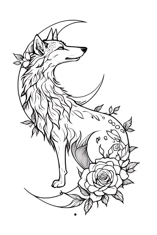 Wolf and roses intertwined and moon tattoo design idea