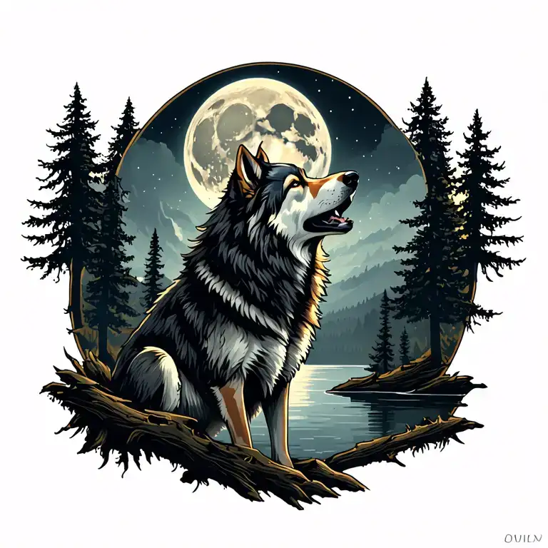 adult wolf howling at the moon in the distance with forest lake behind tattoo design idea