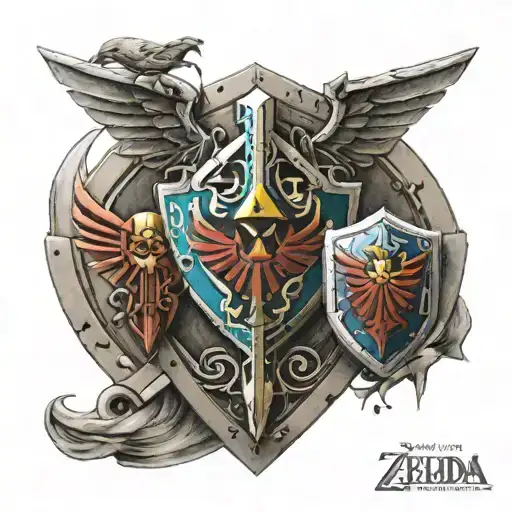 Zelda and link ocarina of time style couples tattoo with hylian shield, master sword, Navi, and triforce tattoo design idea