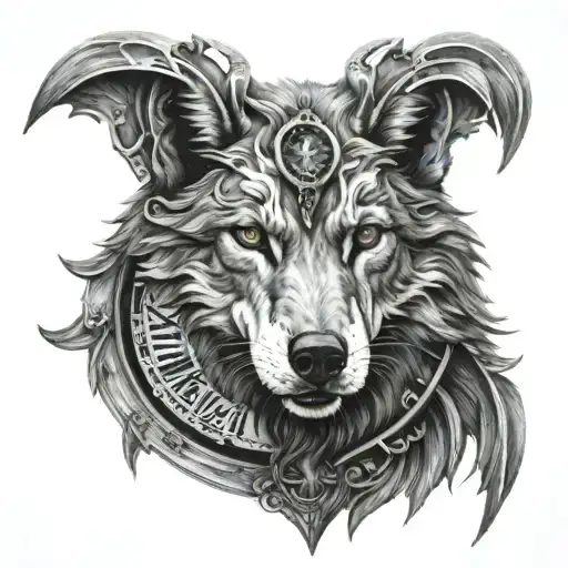 A Roman clock blended realistic wolf head tattoo design idea