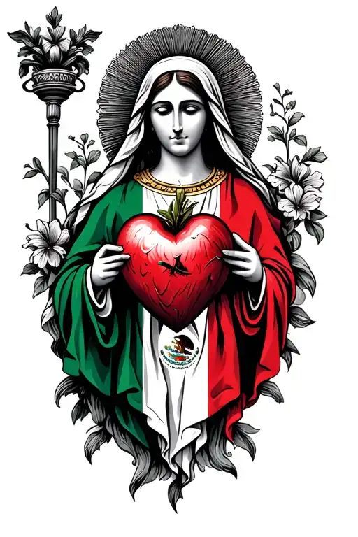 sacred heart and virgin mary wearing mexico flag tattoo design idea