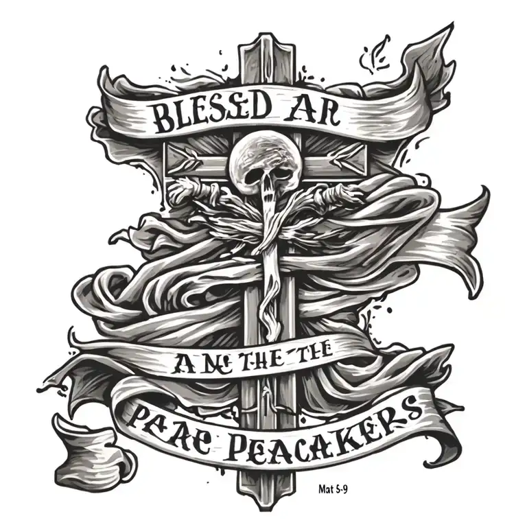 Cross with ""Blessed are the peacemakers" written on a draped blue sash.  Mat 5:9 written underneath tattoo design idea