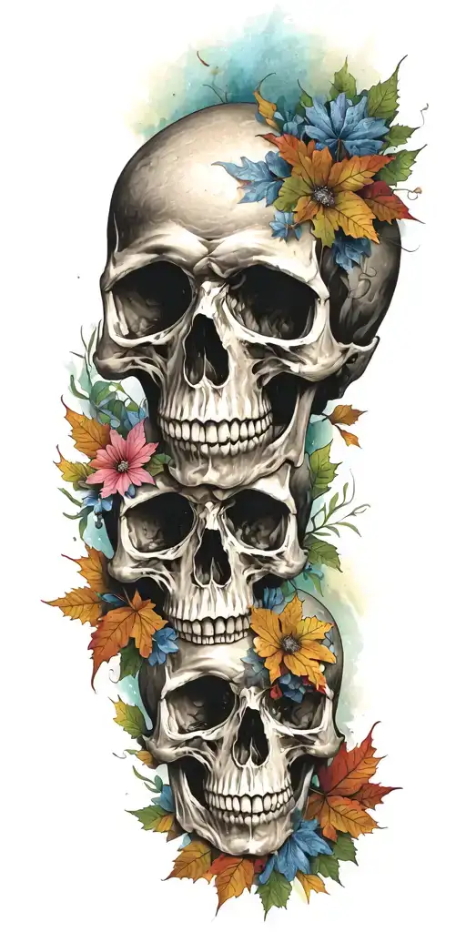 Replace flowers with fall leaves add 2 skulls tattoo design idea