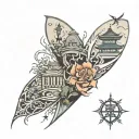 sleeve tattoo featuring relgious image, postivity in kanji, and the city of baltimore tattoo design idea