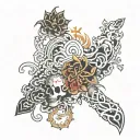 sleeve tattoo featuring relgious image, postivity in kanji, and the city of baltimore tattoo design idea