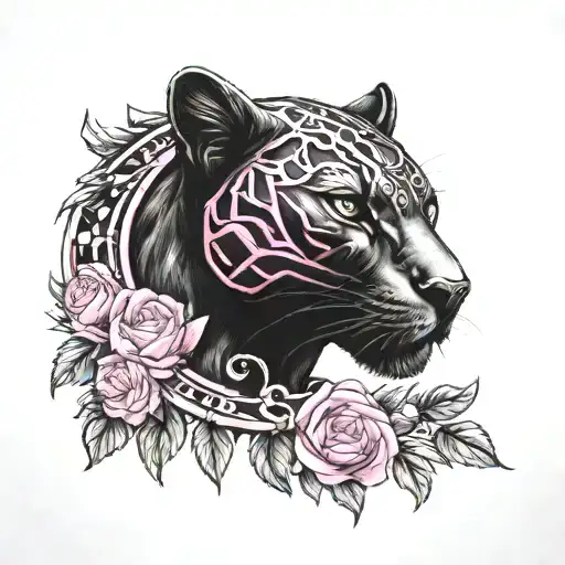 pink, black panther, saint michael tattoo design idea