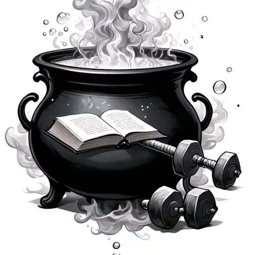 cauldron with bubbles and dumbbell and book floating in smoke tattoo design idea