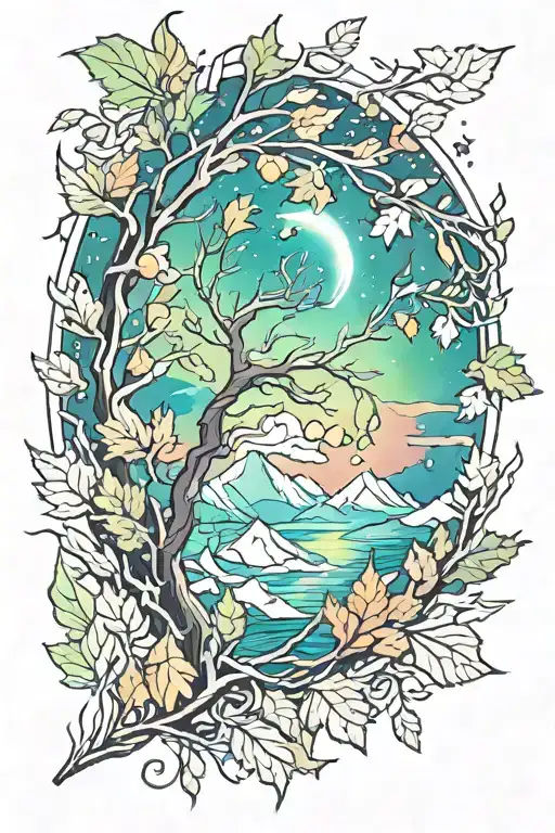 northern lights shining bright fall leaves tattoo design idea
