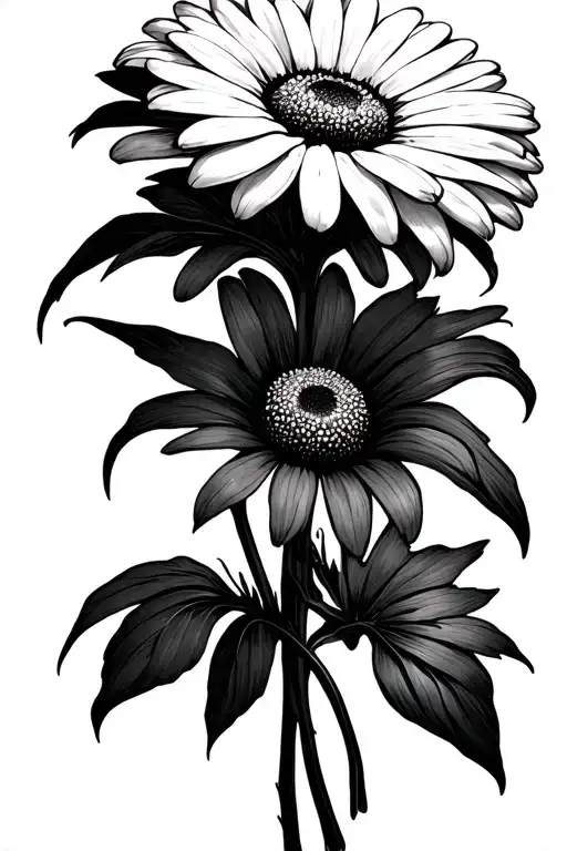 The tattoo is a fine, black and white line drawing of a flower bouquet including a daisy, after tattoo design idea