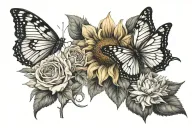 sunflower, rose, carnation, butterfly flying tattoo design idea