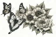 sunflower, rose, carnation, butterfly flying tattoo design idea