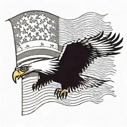An eagle soaring through a pixelated American flag with a subtle outline of a gun tattoo design idea