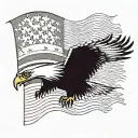 An eagle soaring through a pixelated American flag with a subtle outline of a gun tattoo design idea