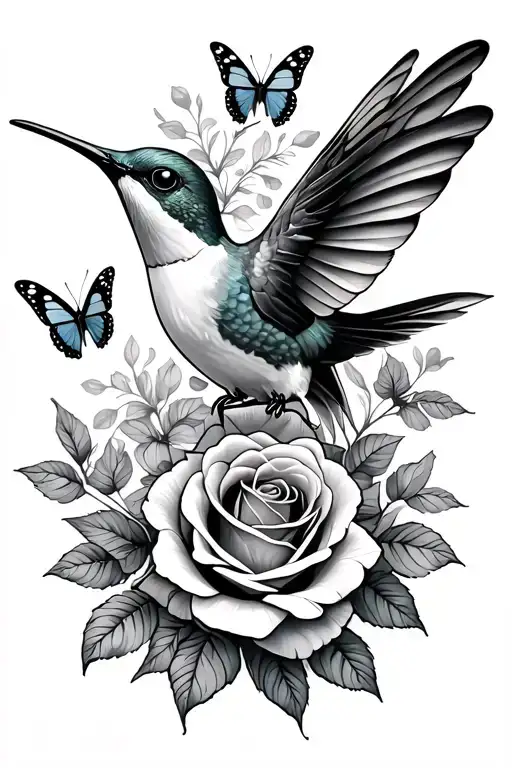 hummingbird with roses and butterflies  tattoo design idea