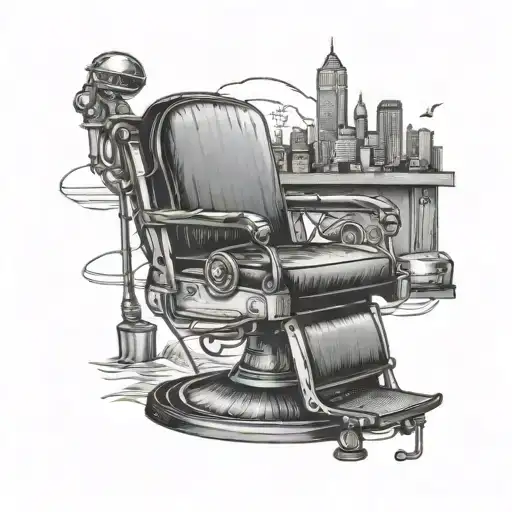 A blackwork tattoo of a barber's chair surrounded by fishing gear and Atlanta skyline in the background tattoo design idea