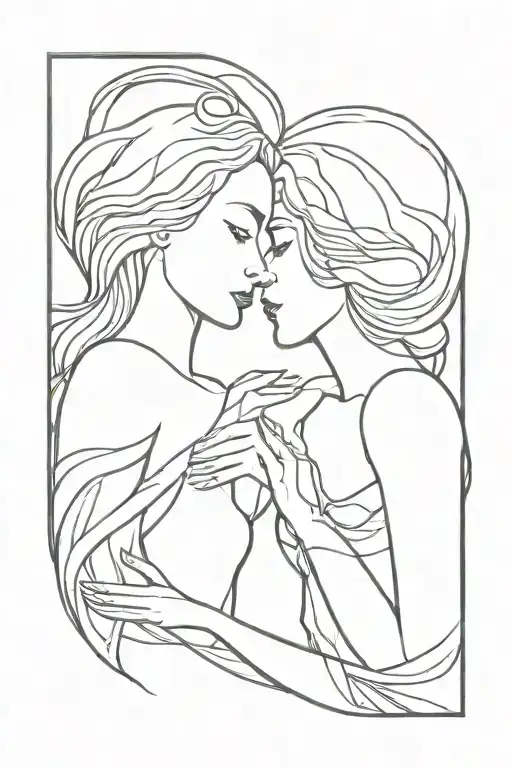 Two godesses about to kiss, their full bodies intertwined, line art, tattoo design, forarm, feminine, ethereal, feminine tattoo design idea
