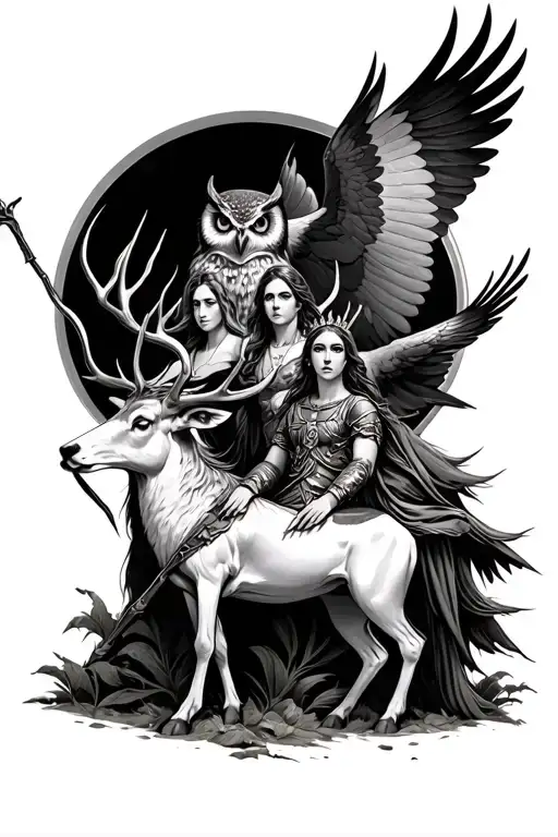 artimis with a bow sitting in front and Athena with a staff sitting behind Artimus on a stag, owl flying behind  tattoo design idea
