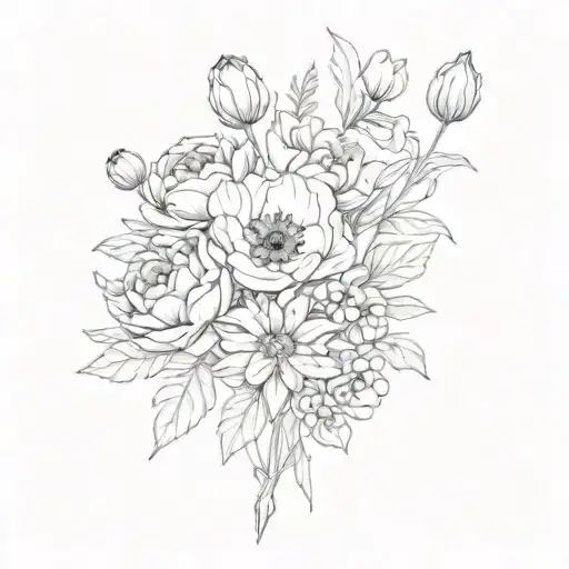 bouquet of flowers (poppies, fleur-de-lis, peony) tattoo design idea