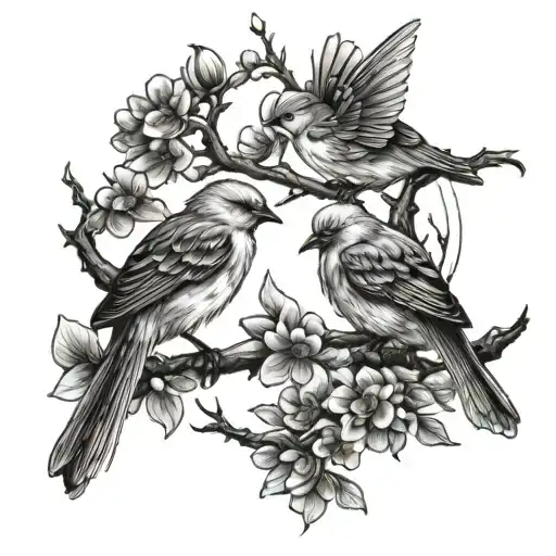 3 birds with branches and sakura blossoms tattoo design idea