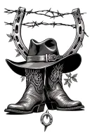 horseshoe cowboy boot,hat and barbwire vines tattoo design idea