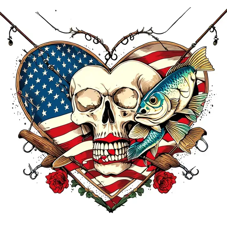 skull, american flag intertwined hearts, fishing pole with a fish hooked on tattoo design idea