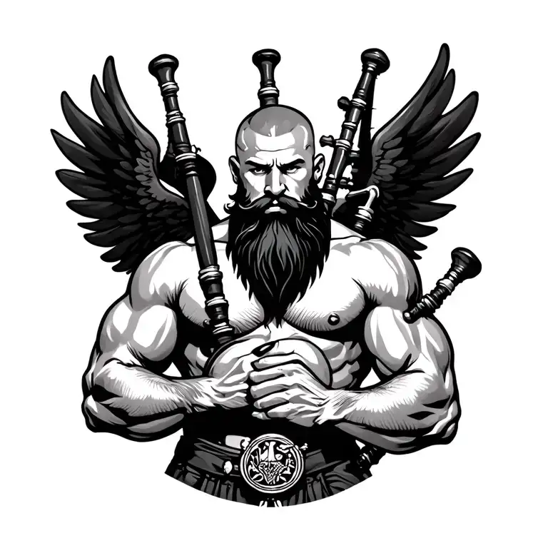 handsome scottish bagpiper bald black beard  muscular wearing pipes in arm big black wings shirtless tattoo tattoo design idea