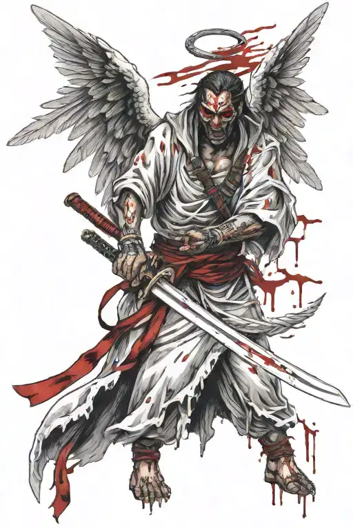 angel of death with red eyes of the devil, hands are wounded and covered in blood, in the left hand a bloody katana tattoo design idea