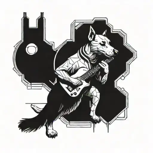 A surreal scene of a dog playing a guitar in a futuristic HVAC system tattoo design idea