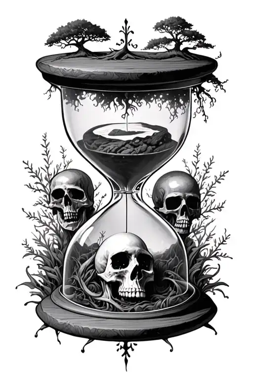 hourglass with trees inside on the top skull on the bottom inside the hourglass with amor fati on top and memento mori tattoo design idea